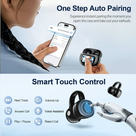 Open-Ear Headphones, Wireless Clip On Earbuds with Touch Screen Charging Case 60H Playtime, Bluetooth 6.0, IPX7 Waterproof, Lightweight Comfort, Stable Fit, Open-Ear Safety Design for Workout/Running