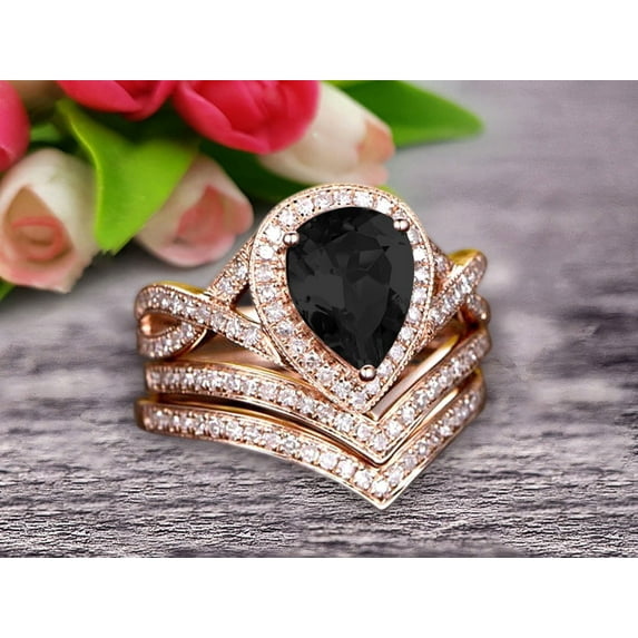 Milgrain 10k Rose Gold 3 Carat Black Diamond Moissanite Engagement Ring Trio Set Wedding Ring 8x5mm Pear Shape Curved V-Shape Stacking Matching Wedding Band Art Deco Halo Ring