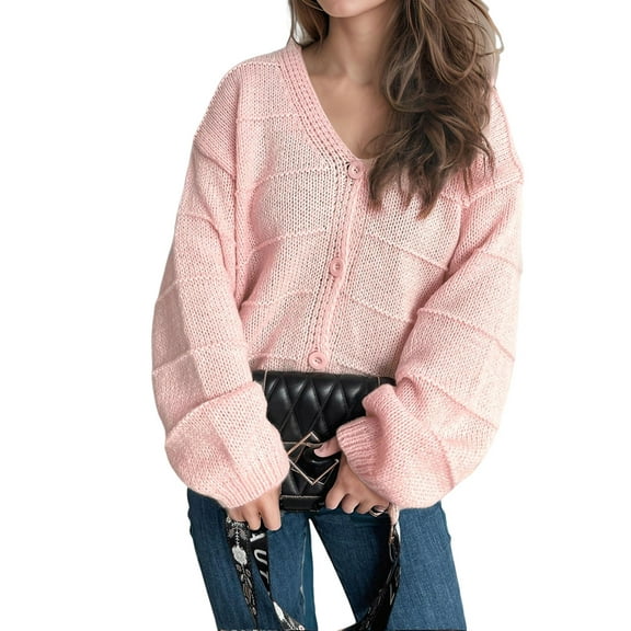 Women'S Winter Button Down Cardigan Sweaters Casual Coats Oversized Chunky Cable Knit Long Sleeve Outwear Pink S