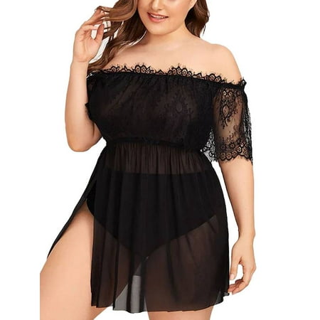 

Enjiwell Women s Plus Size 2Pcs Pajamas Solid Color Lace Off Shoulder Short Sleeve Dress and Thong Nightdress