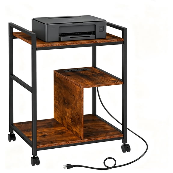 LELELINKY 24" 3-Tier Mobile Printer Stand with Charging Station & Storage, Industrial Cart with Lockable Wheels for Home Office, Brown