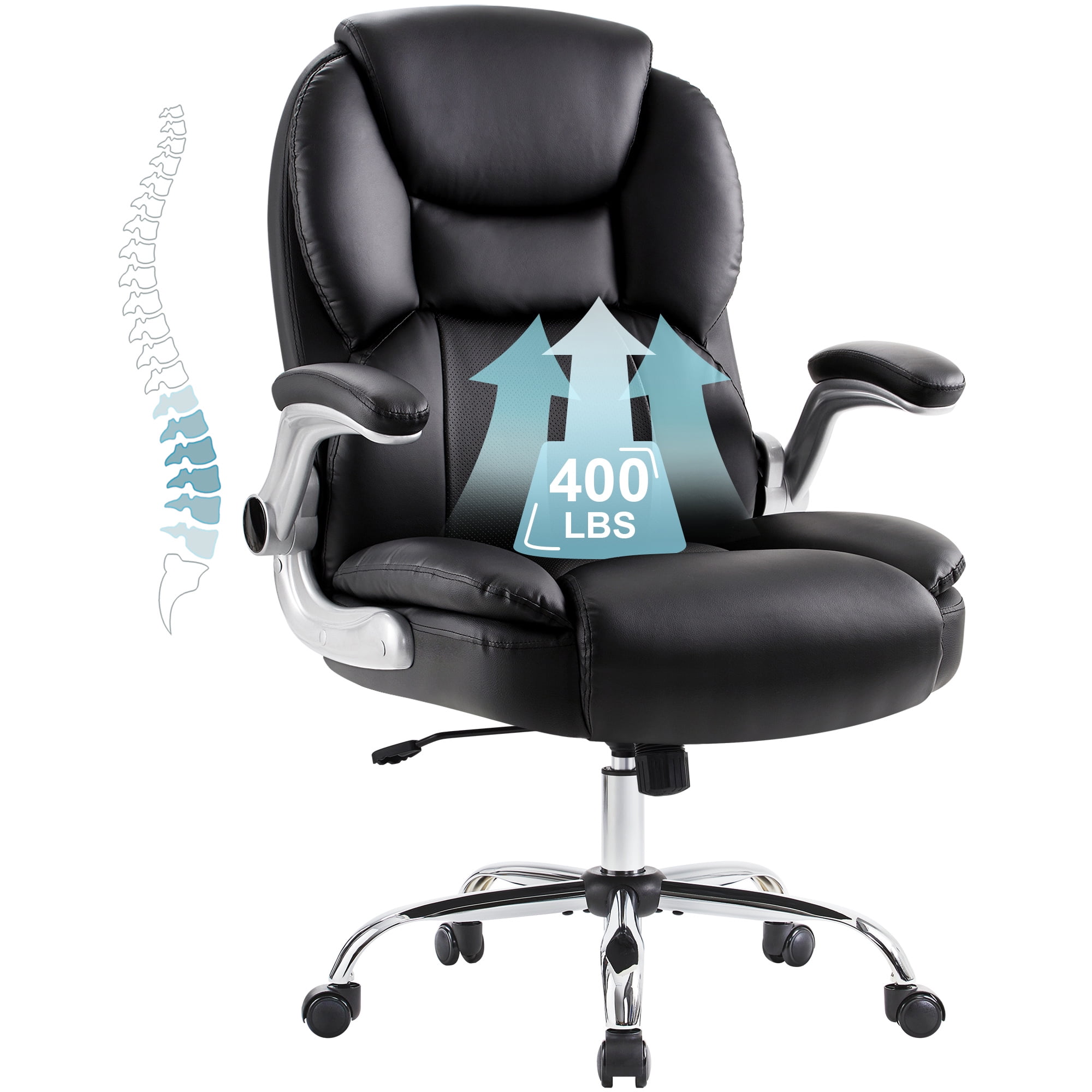 Black Executive Office Chair Big and Tall Computer Desk Chair with Adjustable Flip-up Armrests, High Back Leather Chair with Lumbar Support, Swivel Rolling Chair for Adults Working Study