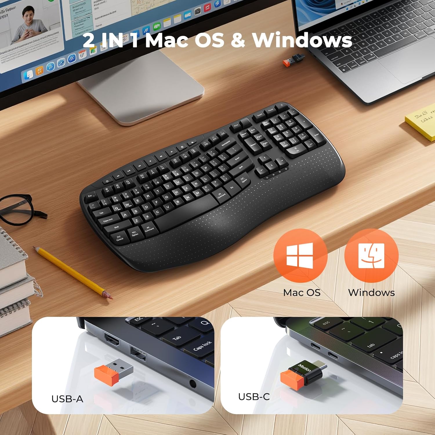 Meetion Wave Keys Ergonomic Keyboard, Wireless, Wrist Rest, 2.4G/USB-C for Windows/Mac - Black