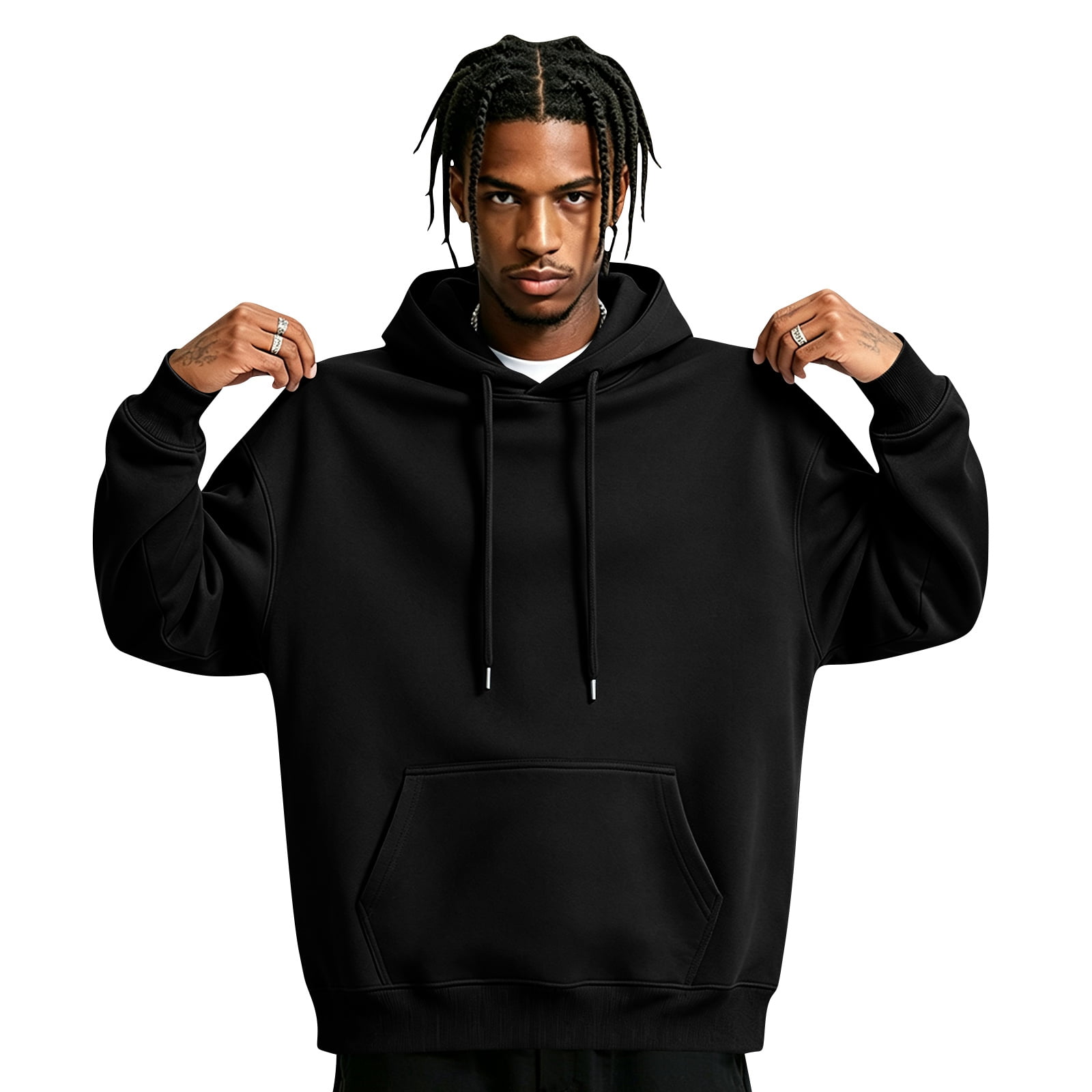 Men s Hooded Long Sleeve Pullover with Adjustable Drawstrings Kangaroo Pocket Solid Sweatshirt Top Soft Breathable Warm Stretch for Cold-Weather Layering Gym Workouts Black M
