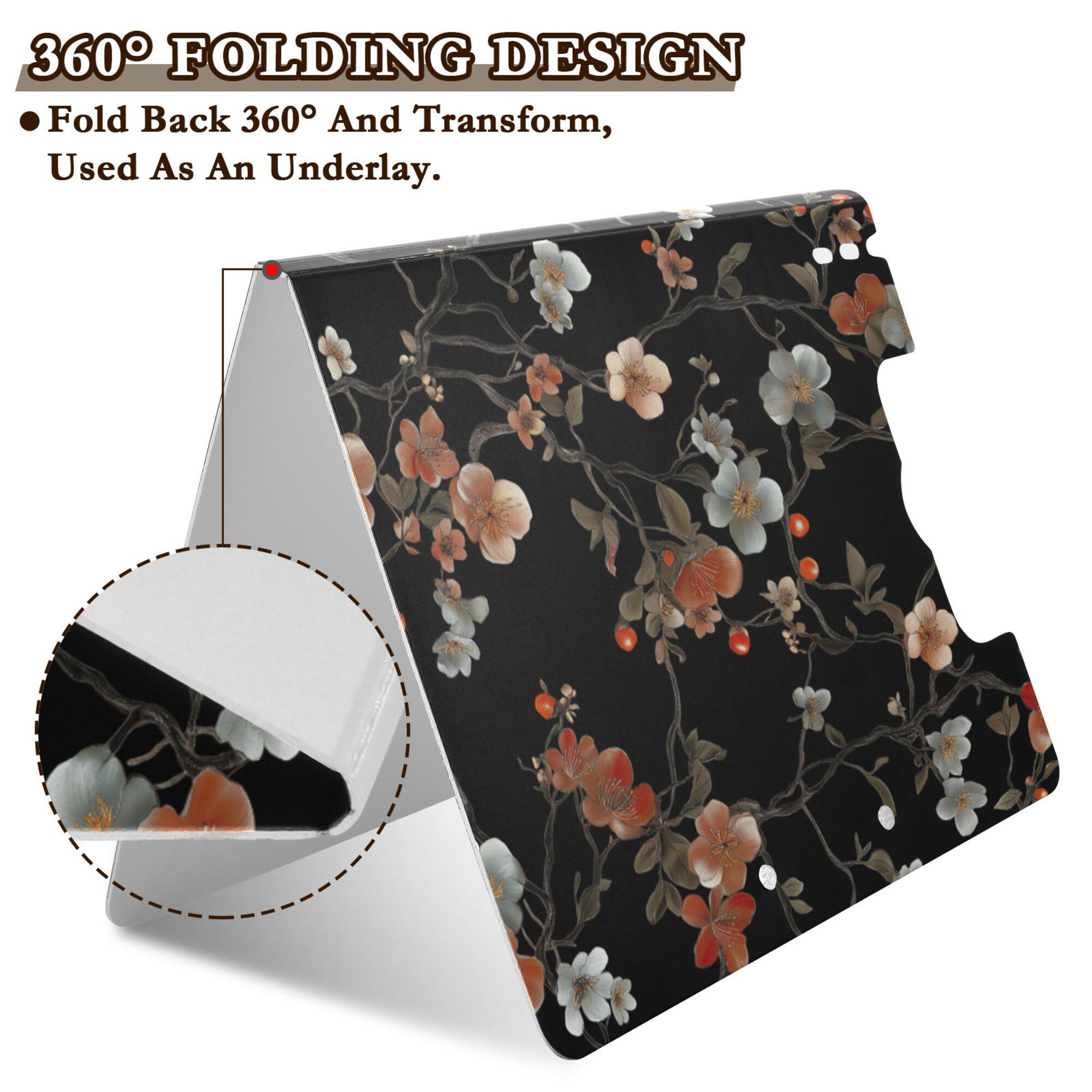 FORMRS A4 Clipboard Folder with Pen Holder Horizontal Foldable School Office Binder, Black Flowers