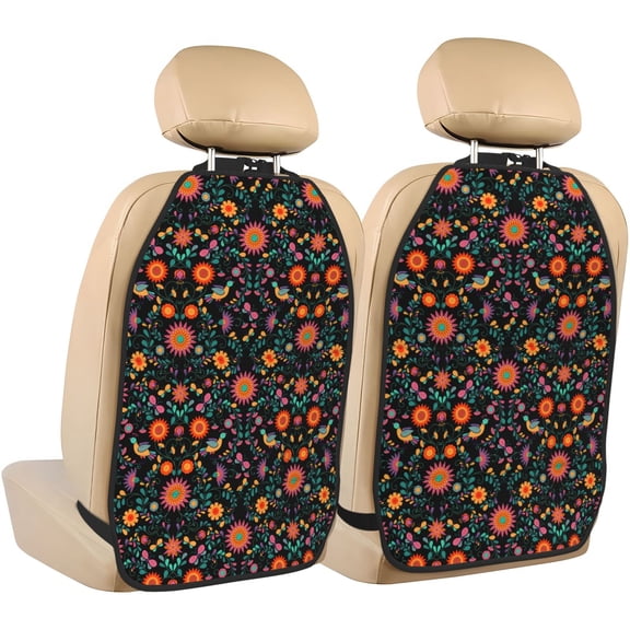 Fuzoiu Mexican Flower And Birds Print 2 Pack Kick Mat Back Seat Protector With 3 Storage Pockets, Universal Car Seat Back Organizer For Kids Pets, Waterproof Backseat Protector For Most Car