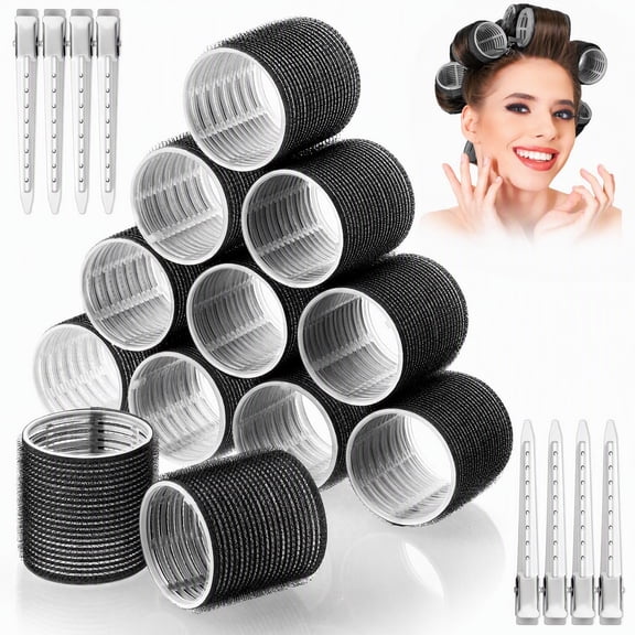 Jumbo Hair Rollers for Volume, 12 Pcs 2.4" Self Grip Hair Curlers Set with Clips for Long Thick Hair, Professional Blowout Styling Tools, Black