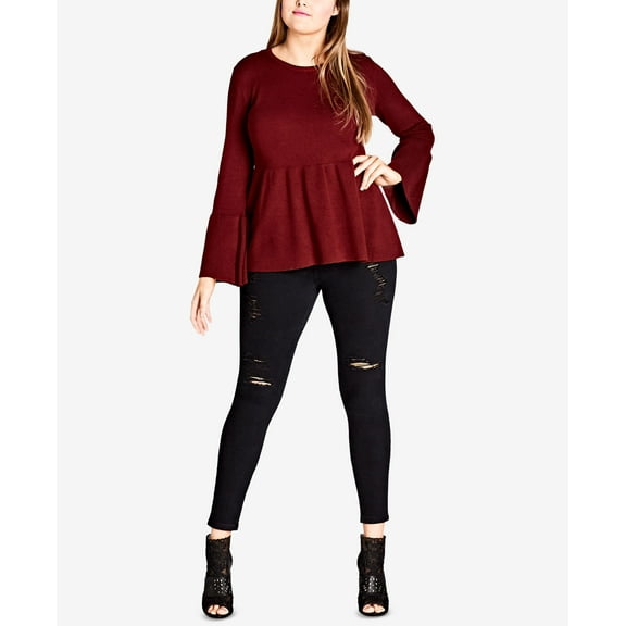 City Chic Trendy Plus Size Bell Sleeve Peplum Sweater Ruby 16W