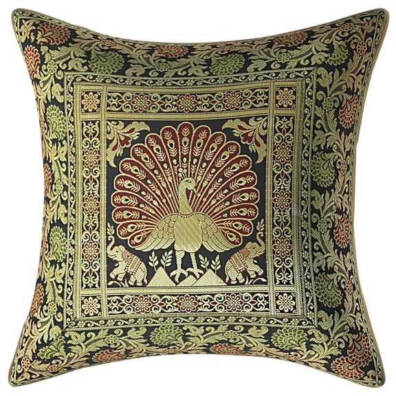 Stylo Culture Ethnic Boho Brocade Black And Gold Throw Pillow Covers 16x16 Jacquard Weave Banarsi Toss Pillow Covers Dancing Peacock Floral 40x40 cm Decorative Cushion Covers (1 Pc)