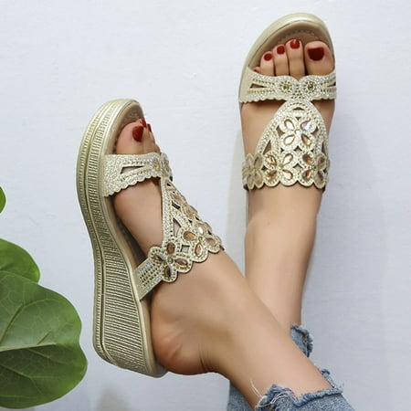 

NECHOLOGY Womens Platform Hidden Wedge Sneakers Toe Slippers Shoes Beach Fashion Sandals Shoes Wedges Women Peep Toe Gold 8.5
