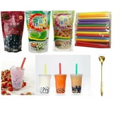 NineChef Bundle - WuFuYuan 3-Pack Boba Tapioca Pearls 3 varieties (Black + Green + color) with 1 pack of 35 Boba Wide Straws + one NineChef Heart Shape Spoon