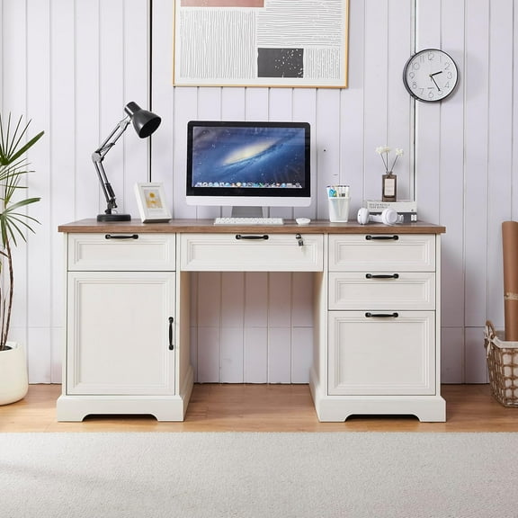 60" Farmhouse Executive Desk with Charging Station,Home Office Desk with 4 Drawers & 1 Cabinet&1 File Cabinet,Main Drawer with Lock,Wood Desk for Office and Home