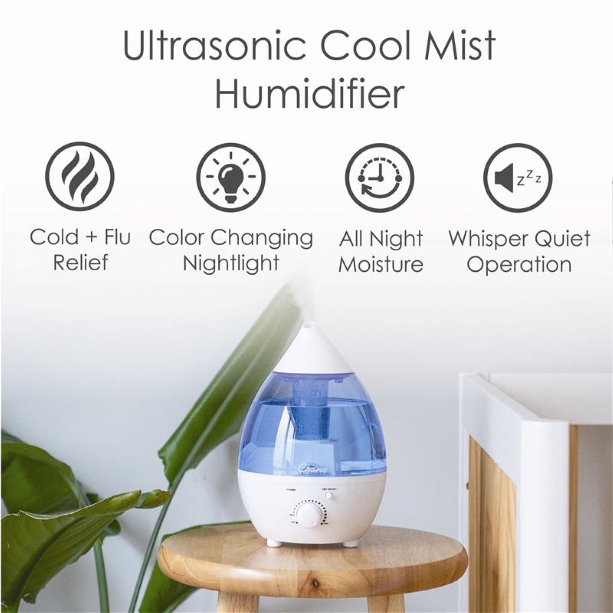 Crane Mini Drop Cool Mist Humidifier, 0.35 Gal, Quiet Ultrasonic, Filter-Free, Small Room Humidifier, Baby Humidifier
