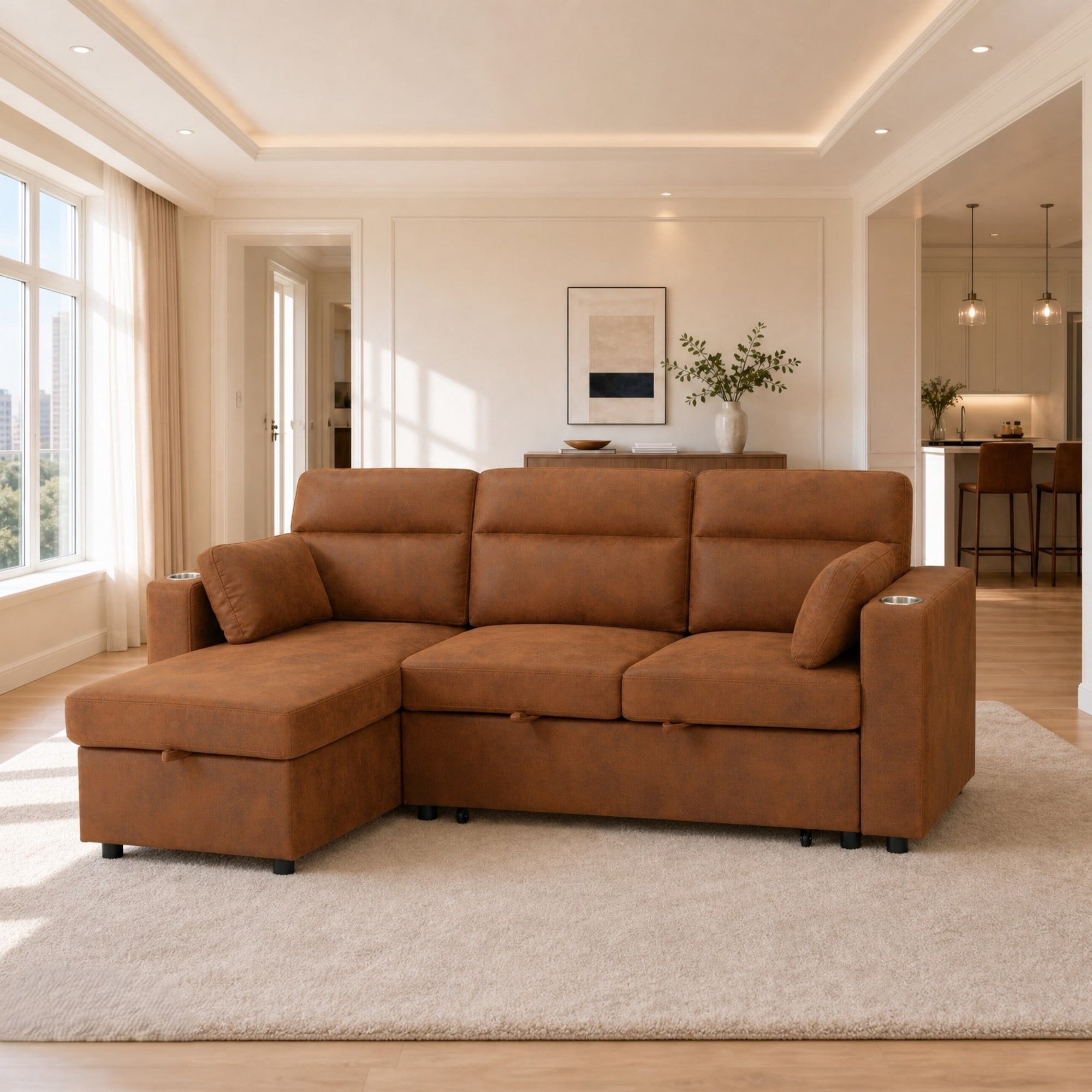 BSHTI 82.5" Polyester L-Shaped Pull-Out Sectional Sofa Bed with Storage Chaise, Cup Holders for Living Room(Light Brown)