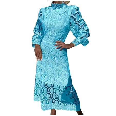 Dwaogom Women s Summer Lace Bubble Sleeves Waist Wrapped Solid Round Neck Dress Plus Size Dress White Dress For Girls Long Sleeve Bodysuit For Women