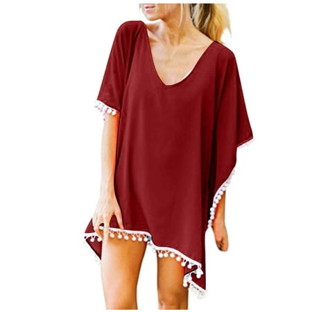 Ploknplq Women s Two-piece Swimsuit Loose Bikini Beach Up Tassels Tops Chiffon Swimwear Kaftan Cover Women s Trim Swimwears Tankinis Set Summer Swimwear Red XL
