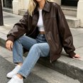 thumbnail image 2 of Women Faux Leather Jackets Bomber Casual PU Zip Motor Biker Coat, 2 of 6
