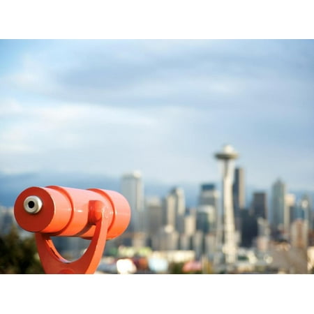 Telescope with View of Seattle Skyline in Distance, Kerry Park, Seattle, Washington State, USA Print Wall Art By Aaron
