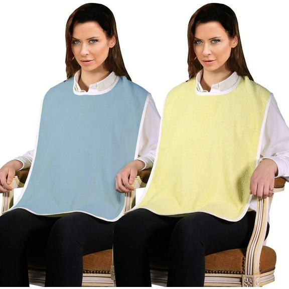 4 Pack - Terry Cloth Adult Bibs / 2 Blue and 2 Yellow Senior Meal Time Clothing Protector w/Hook and Loop Closure 18x30 Inches