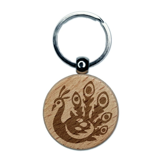 Pretty Peacock Round Keychain Charm Tag - Engraved Wood