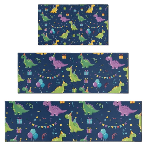 DarkBlue Cartoon Dinosaurs PartyElements Pattern Kitchen Rugs Sets Of 3,Kitchen Runner Rugs Non Skid Washable,Decorative Kitchen Floor Mats for Kitchen,Sink,Laundry,17"x30" 17"x47" 17"x59"