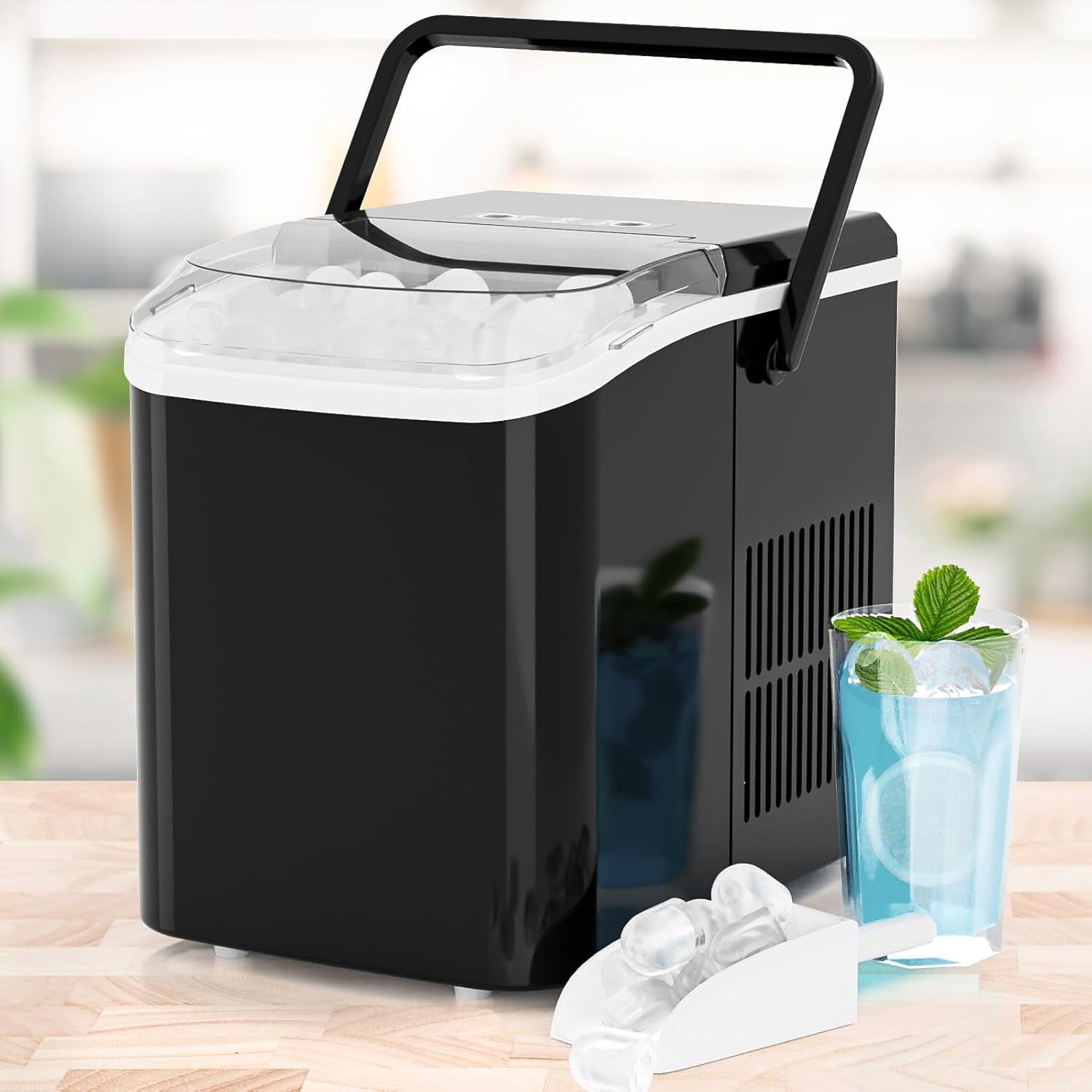 Portable Ice Maker Countertop, 6-Minute 9-Bullet Ice Cubes with Basket and Scoop, 26lbs Daily, Auto-Cleaning, for Home Kitchen RV Camping in White