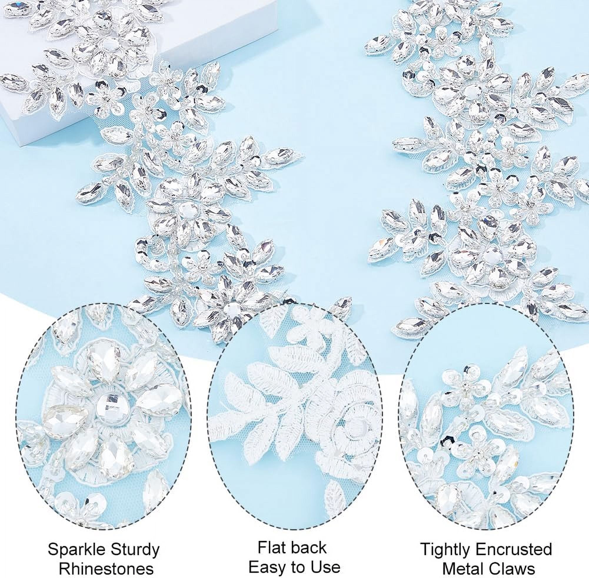 2Pcs Flower Lace Bead Applique Rhinestone Lace Appliques Sparkly Beaded Appliques Embroidery Floral Patch Sewing Beads Trim Patch Handmade Appliques