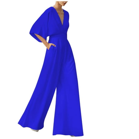 Women Short Sleeve V-Neck Wide Leg Jumpsuit Tie Bow High Waist Long Pant  Rompers