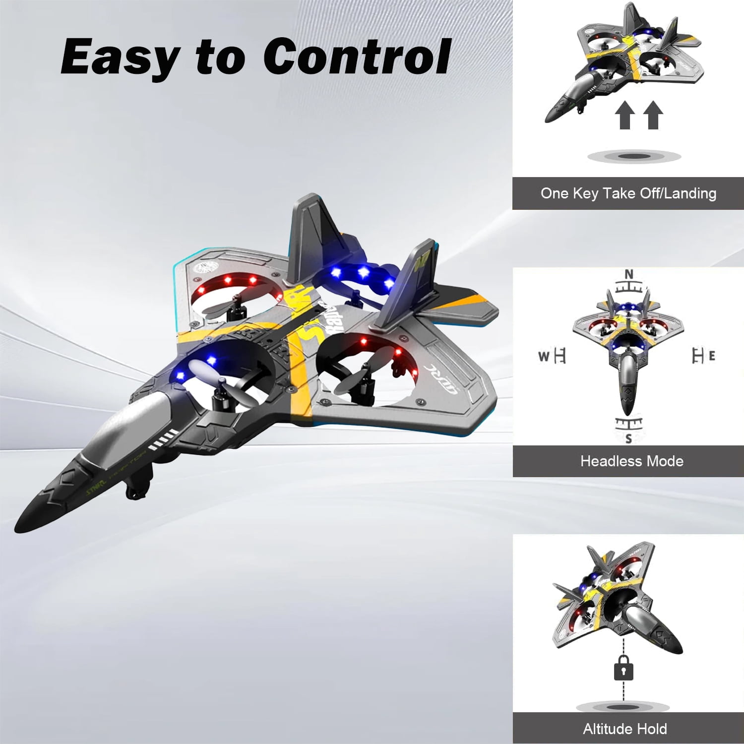 Kivdit RC Plane,2.4GHz Gravity Sensing RC Airplane with LED Lights,Four-Motors Remote Control Airplane for Beginners Kids Adults