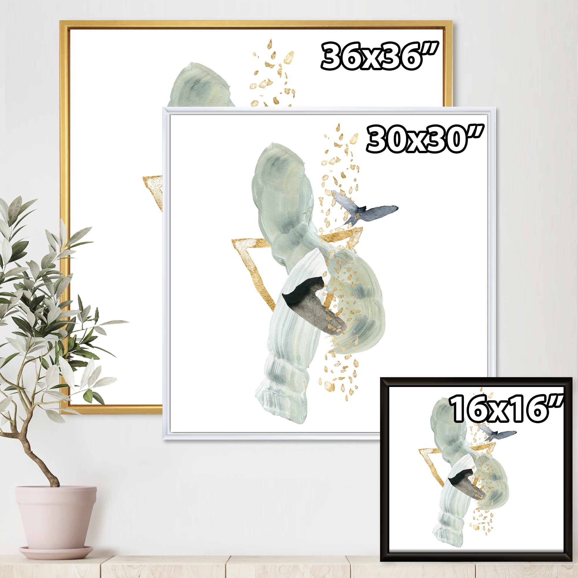 Designart 'Abstract Golden Mountain With Bird and Moon' Modern Framed Canvas Wall Art Print