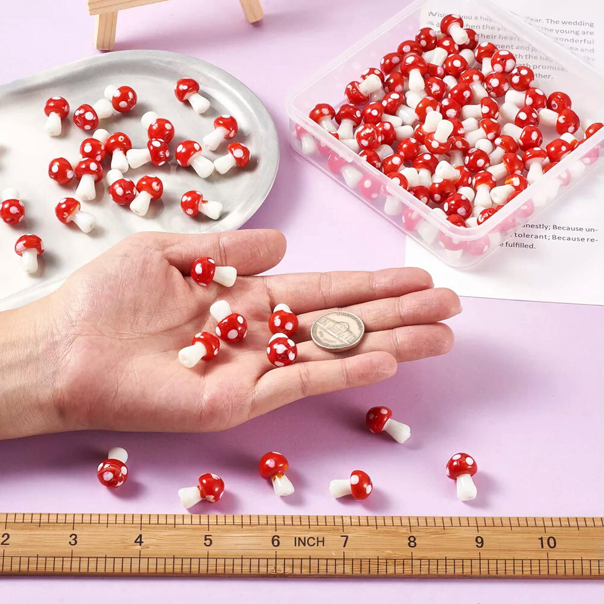 U8MO 100pc Red Mushroom Handmade Lampwork Glass Beads Smooth Cute Loose Spacer 16mm