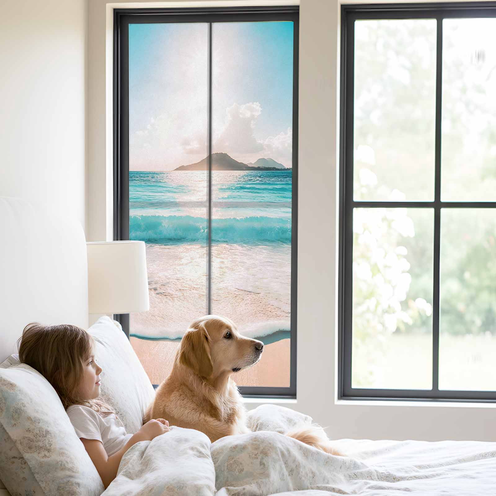 Summer Blue Sky Window Privacy Film, Modern Style Ocean Beach Wave Frosted Glass Window Clings Static Cling UV Heat Blocking Reusable Door Sticker for Bathroom 23.6 x 59 Inch