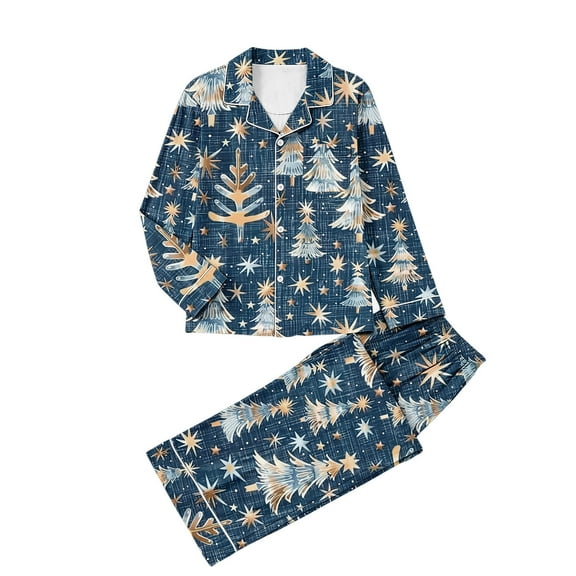 asdoklhq Plus Size Pajamas for Women Set Ladies' Casual Fashion Christmas Long Sleeved Lapel Set Casual Top Pants Pajama Set Navy L