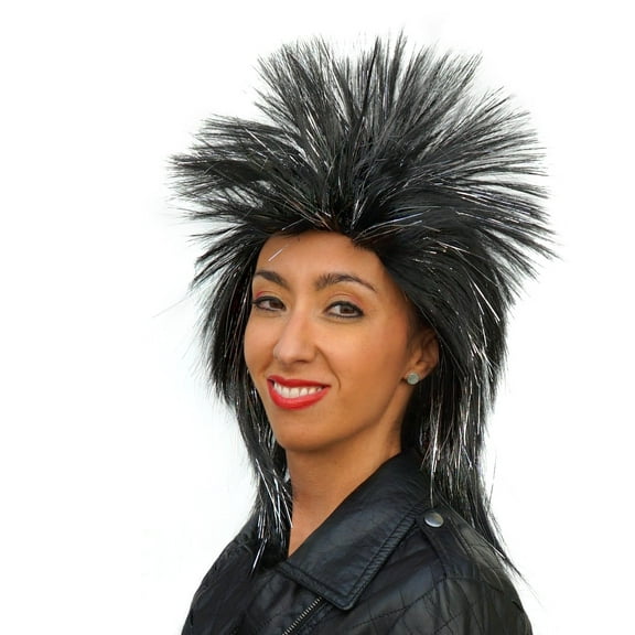 Rock Star Spiked Black Wig with Silver Tinsel Costume Accessory Hair Punk Adult Teen