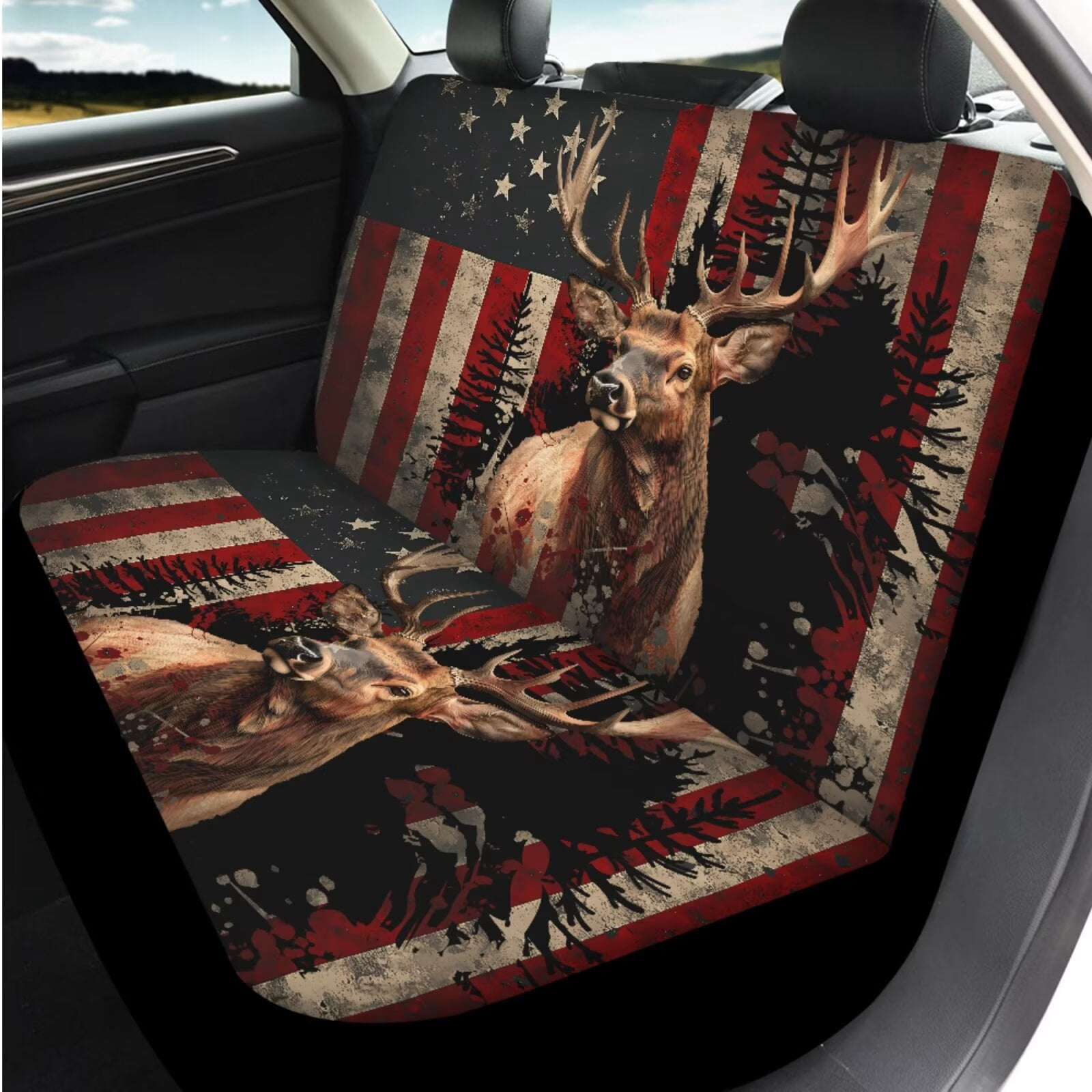 Garronmavis American Flag Deer 14 Pcs Car Accessories Full Set with Head Rest Protector Car Steering Wheel Cover Arm Rest Cover Seat Belt Covers Keychain and Coaster Compatible with Cars,SUV