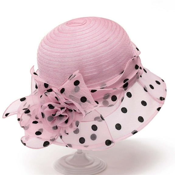 Ounisa Lady Polka dots Organza Fascinator Sun Hats Women Wide Brim Bowler Hat for Tea Party Church Wedding