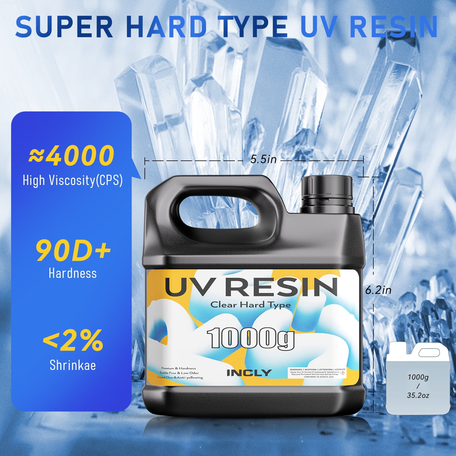 INCLY UV Resin 1000g, Upgrade Crystal Clear Resin UV, High Viscosity & Fast Curing Transparent Solar Cure Sunlight Activated Epoxy Resin for Jewelry Making Craft, Casting & Coating