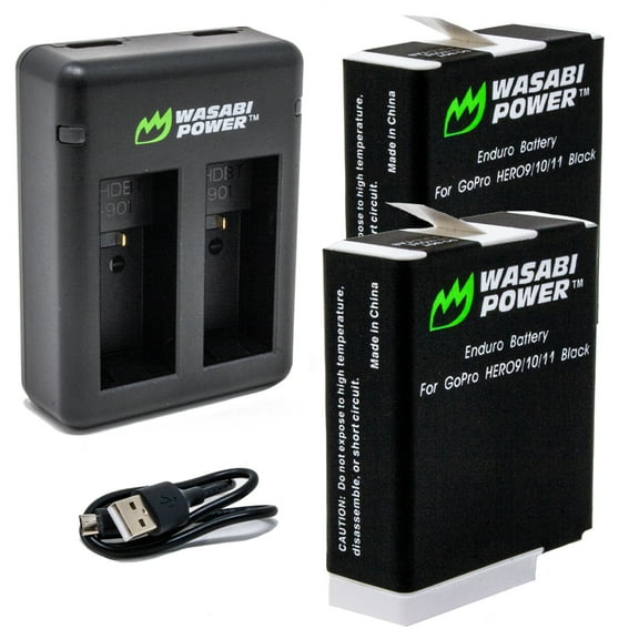 Wasabi Power GoPro Enduro Battery (2-Pack) & Dual Charger for GoPro HERO12, HERO11, HERO10, HERO9.