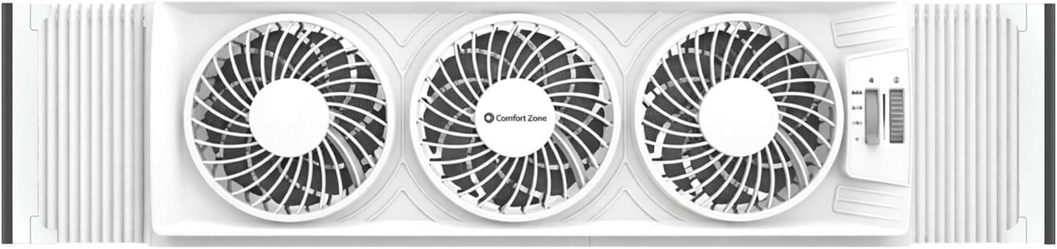 Comfort Zone Triple Window Fan with Adjustable Thermostat | 3-Speed High-Velocity Cooling | Horizontal or Vertical Manual Control | Fits Double Hung Windows (Min 25" x 8") | Fully Assembled | White