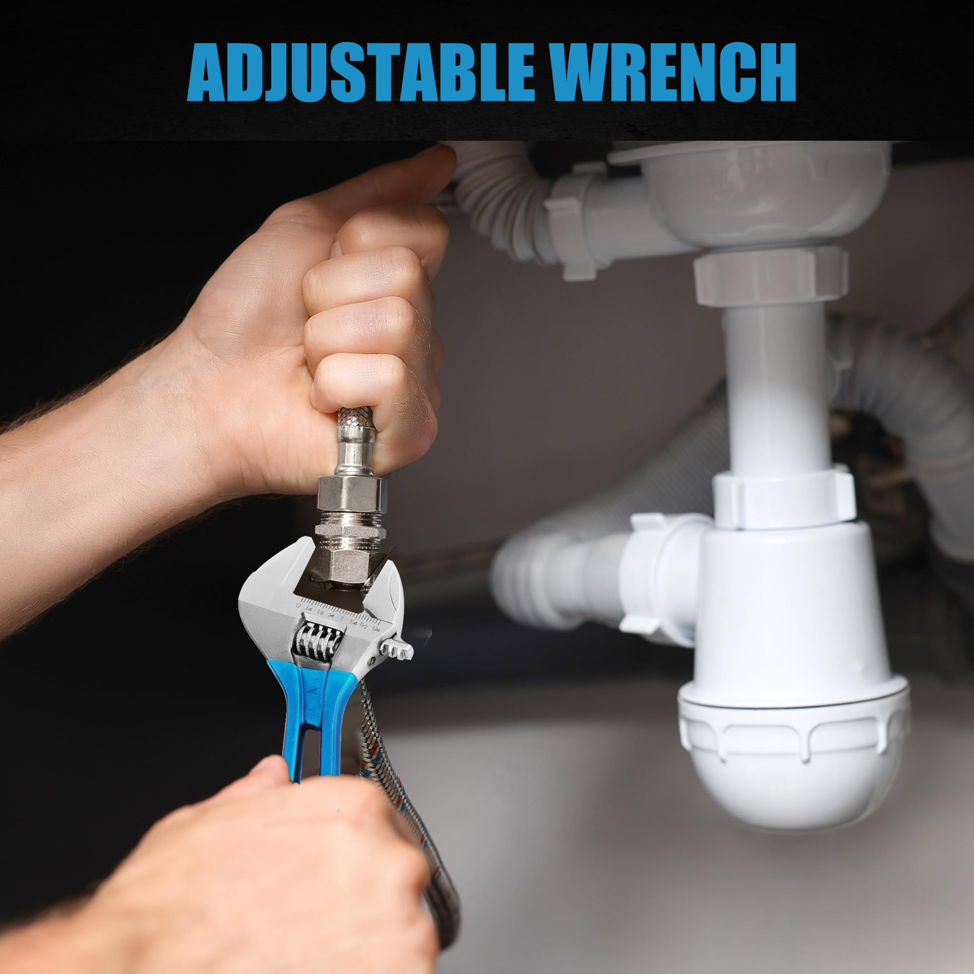 8 Inch Stubby Adjustable Wrench with 44 mm Wide Jaw Opening for Plumbing Automotive and Industry Tight Spaces Work