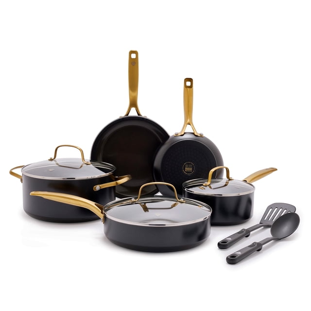 Blue Diamond Gold Juego de ollas y sartenes de cocina de 10 piezas, apto para inducción, antiadherente de cerámica sin PFAS y PFOA con infusión de diamante, duradero, apto para utensilios de metal, ap