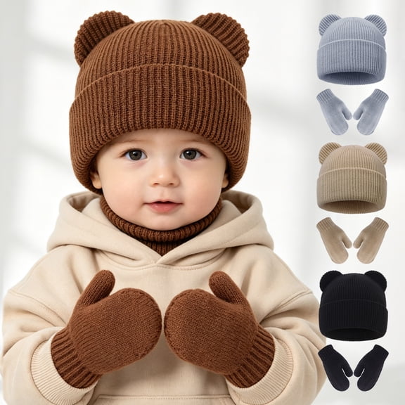 Baby Bear Ears Knit Beanie and Mittens Set, Toddler Winter Warm Hat Gloves Kit, Cute Ribbed Knitted Cold Weather Accessory for Baby Boys Girls Daily Outdoor Wear(Coffee,6-24 Months)