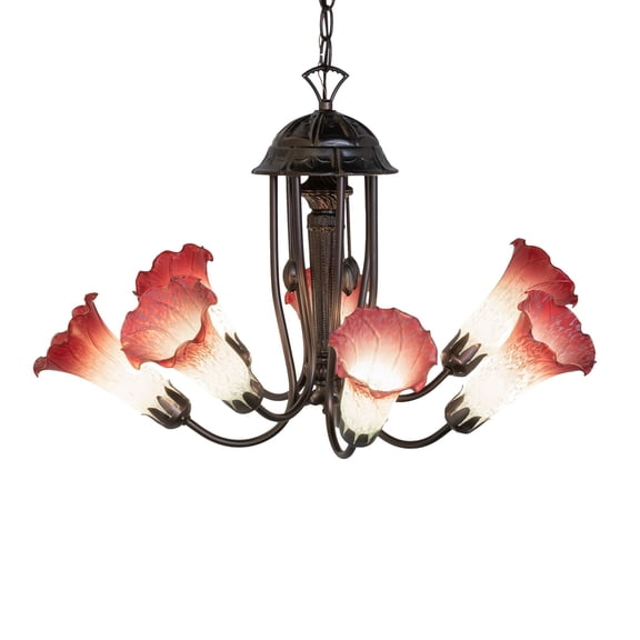24" Wide Pink/White Tiffany Pond Lily 7 Light Chandelier