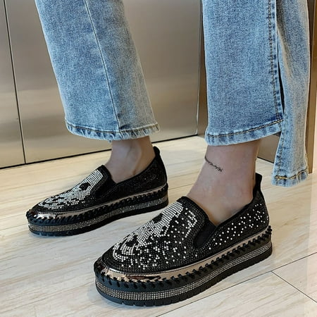 

Shoes for Women KKCXFJX Women Fashion Flat Heel Crystal Rhinestone Glitter Slip On Platform Loafers Shoe