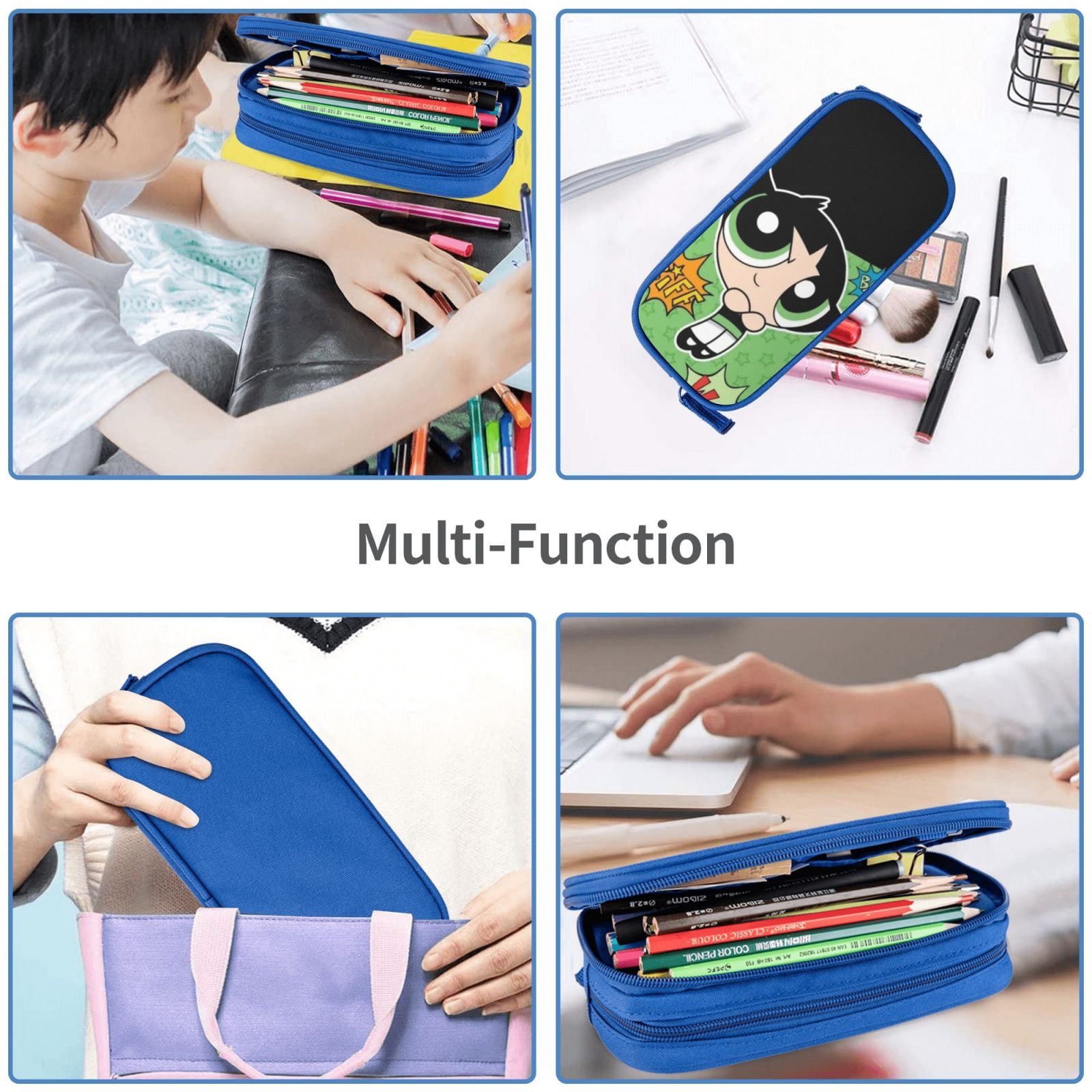The Powerpuff Gi-rls Pencil Case Large Capacity Pencil Pouch Penbag Office Stationery Organizer Travel Makeup Bag Blue