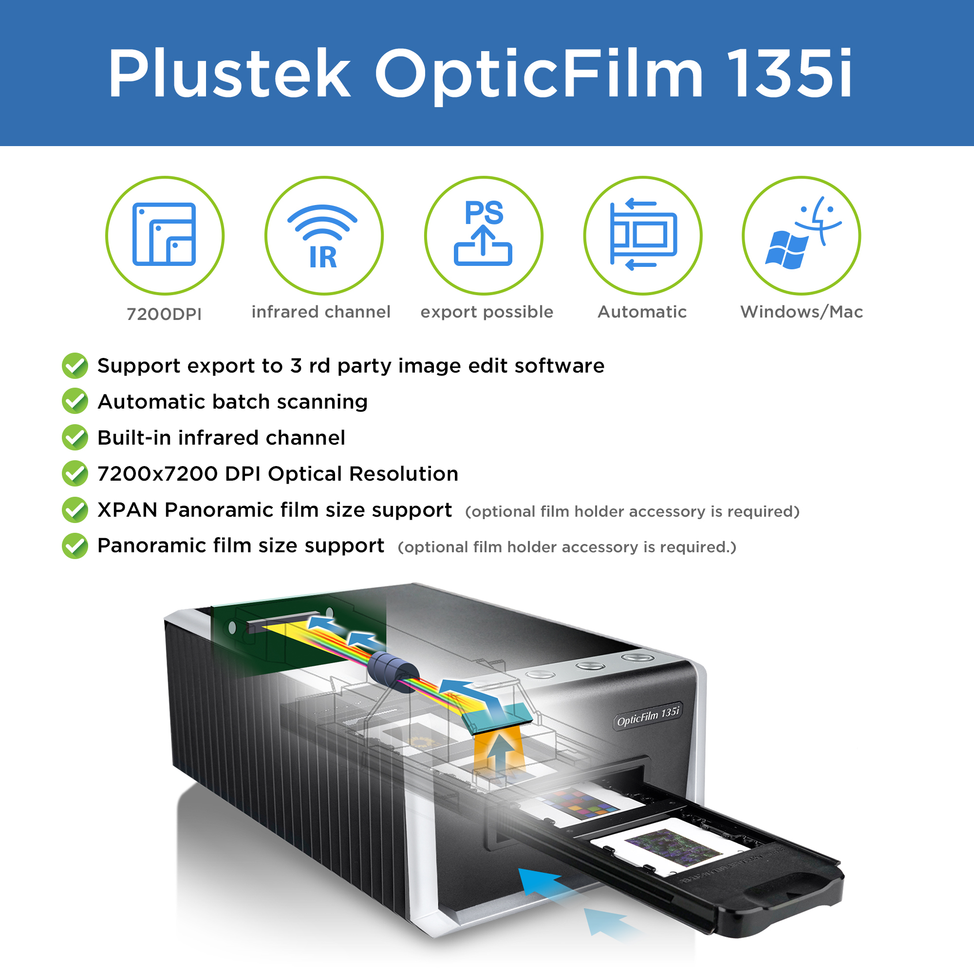Plustek OpticFilm 135i - Automatic Film & Slide Scanner for 35mm Slides &  Film Negatives with 7200dpi resolution, Mac and Windows Support