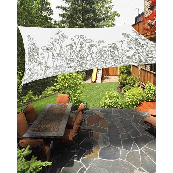 Sun Shade Sail 8'x10' Wildflower Rectangle Sun Shade Sails Canopy Waterproof Herb Flower Botanical White Outdoor Sunshades Sand UV Block Cover Shades Cloth for Patio Backyard Garden Deck Porch Lawn