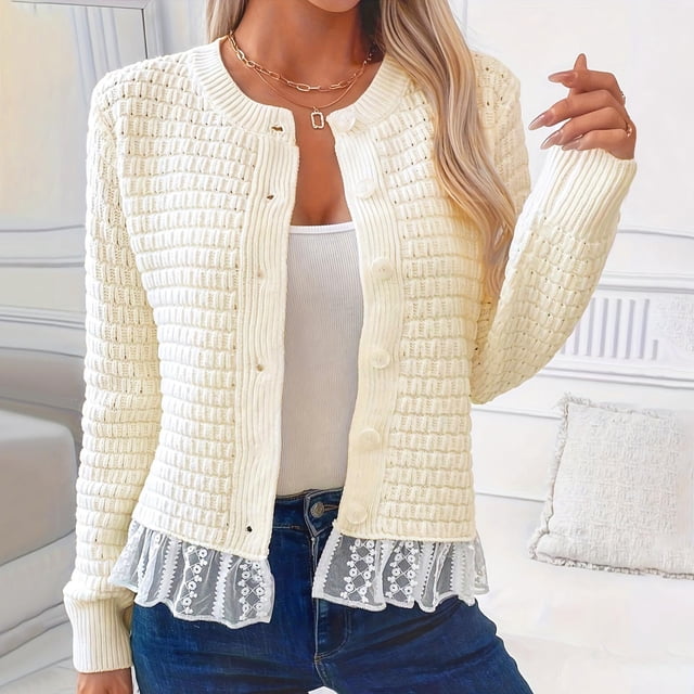 COM1950s Women's Solid Color Knitted Cardigan Long Sleeve Open Front Casual Sweater, Lightweight Fall Tops for Daily Wear, Round Neck Button Down Lace Edge Blouse