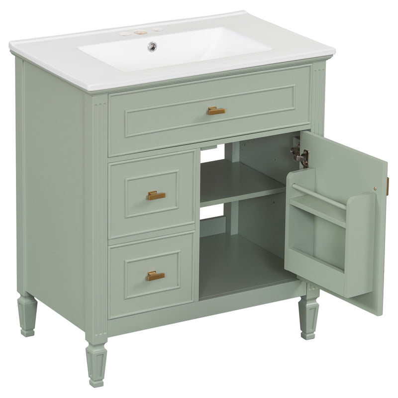 Bellemave 30" Bathroom Vanity with Ceramic Sink, Vanity Cabinet with One Flip Drawer and Two Drawers, Wooden Vanity with Sink Combo Set With Adjustable Shelf, Wooden Storage Cabinet (Gray）