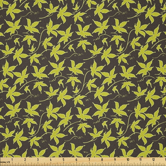 Ambesonne Floral Fabric by the Yard Microfiber, Ivy Leaves on Dark Back Art, 2 Yards, Yellow Green Fawn